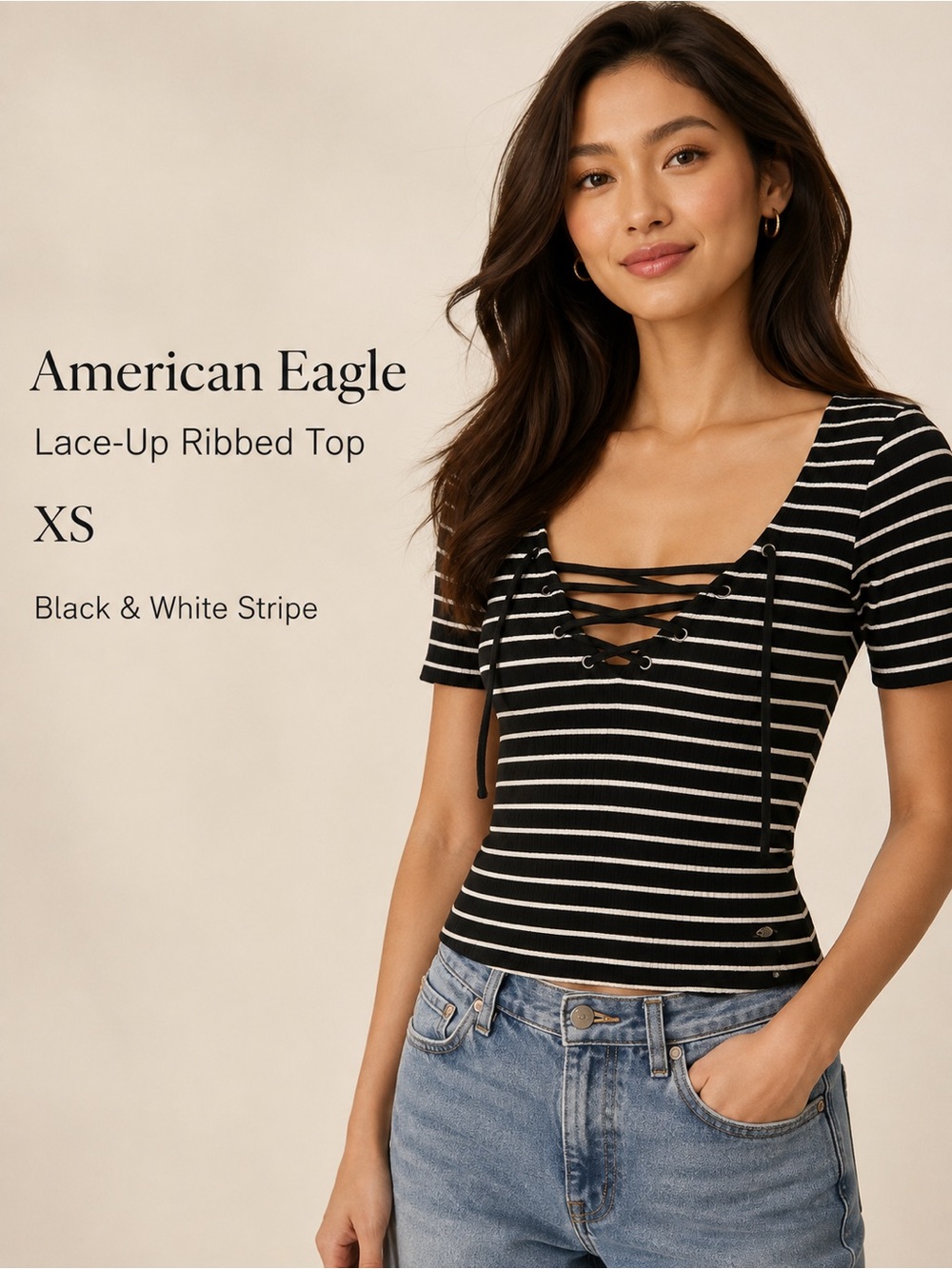 American Eagle Outfitters Black White Striped Lace-Up Ribbed Top XS
